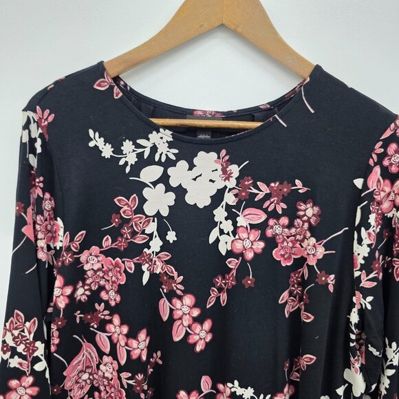J. Jill Wearever Black Pink Floral Tunic Top L 3/4 Sleeve Stretch Boho Romantic - Picture 9 of 15
